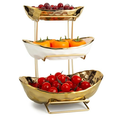 MEIGLQEA 3-Tier Gold Fruit Bowl & Tray with Metal Stand - Ceramic White, Triple Layer for Snacks, Nuts, Bread & Candy Storage | Amazon (US)