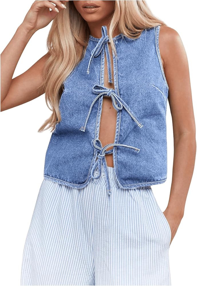 MakeMeChic Women's Jean Vest Tie Front Sleeveless Crop Denim Vest Top Jackets | Amazon (US)