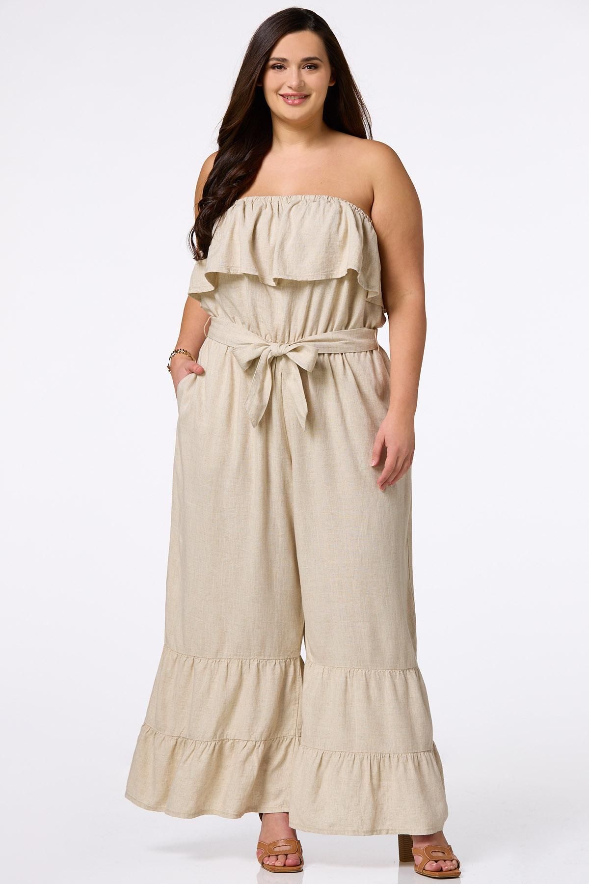Plus Size Strapless Linen Jumpsuit | Cato Fashions