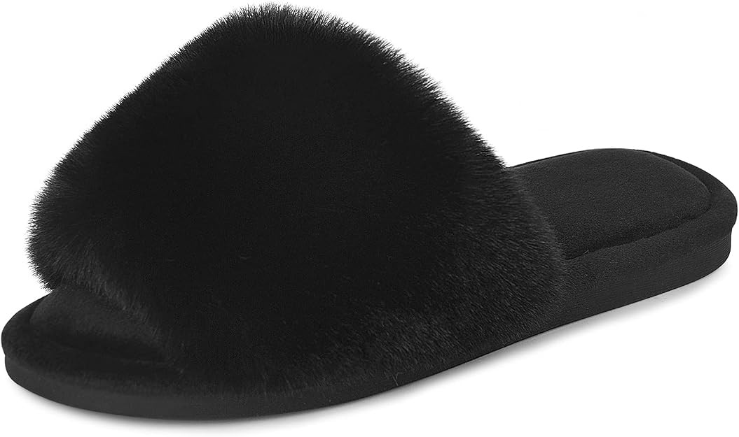 Women's Faux Fur Slippers – Fluffy Open-Toe Memory Foam Slides with Anti-Slip Sole, Indoor & Ou... | Amazon (US)