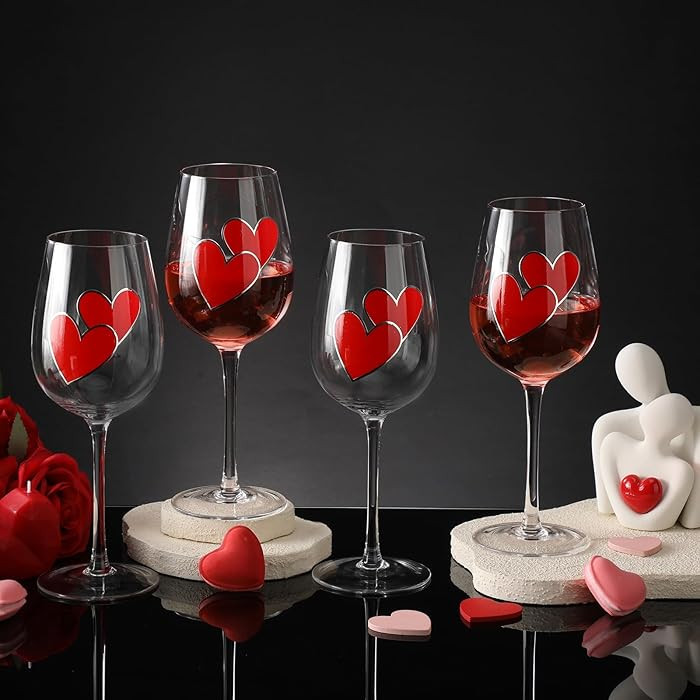 4 Pcs Valentine's Day Red Hearts Theme Party Stemmed Wine Glasses Hand Painted Red Heart Drinking... | Amazon (US)