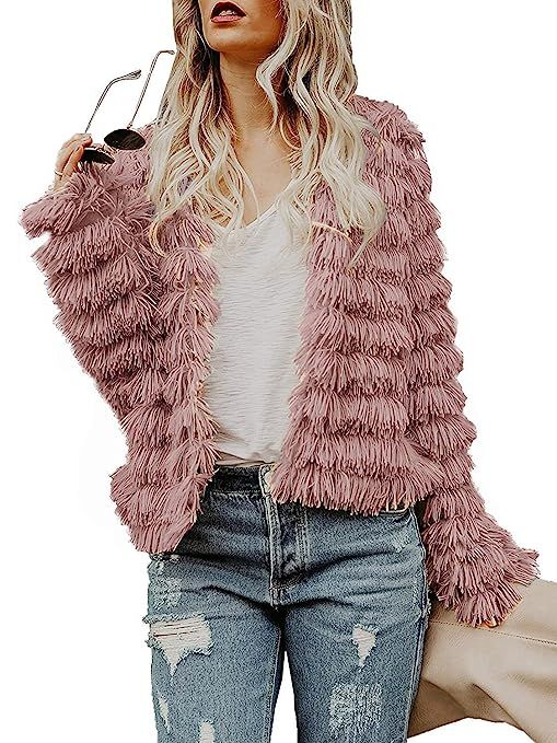 Womens Open Front Faux Fur Cardigan Vintage Parka Shaggy Jacket Coat | Amazon (US)