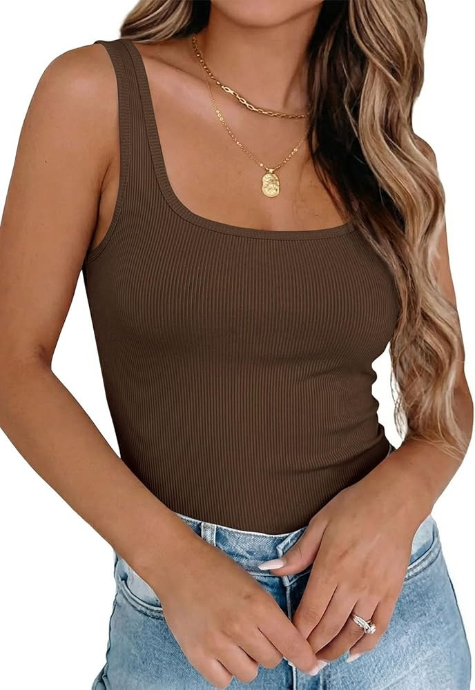 KIRUNDO Tank Tops for Women 2026 Casual Square Neck Summer Outfits Ribbed Fitted Camisole Shirts ... | Amazon (US)