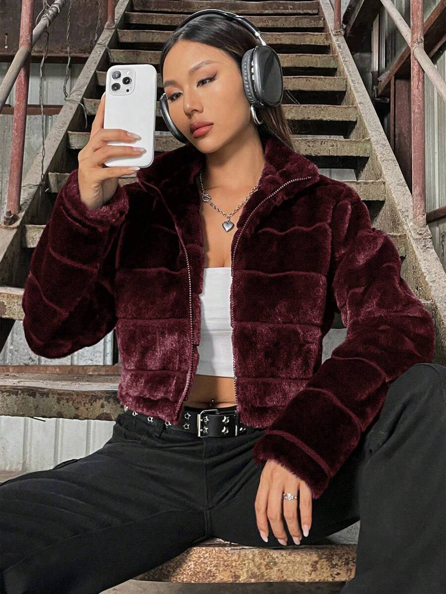 SHEIN MOOSTA Women Casual Solid Color Fleece Stand Collar Cropped Jacket, Autumn/Winter | SHEIN