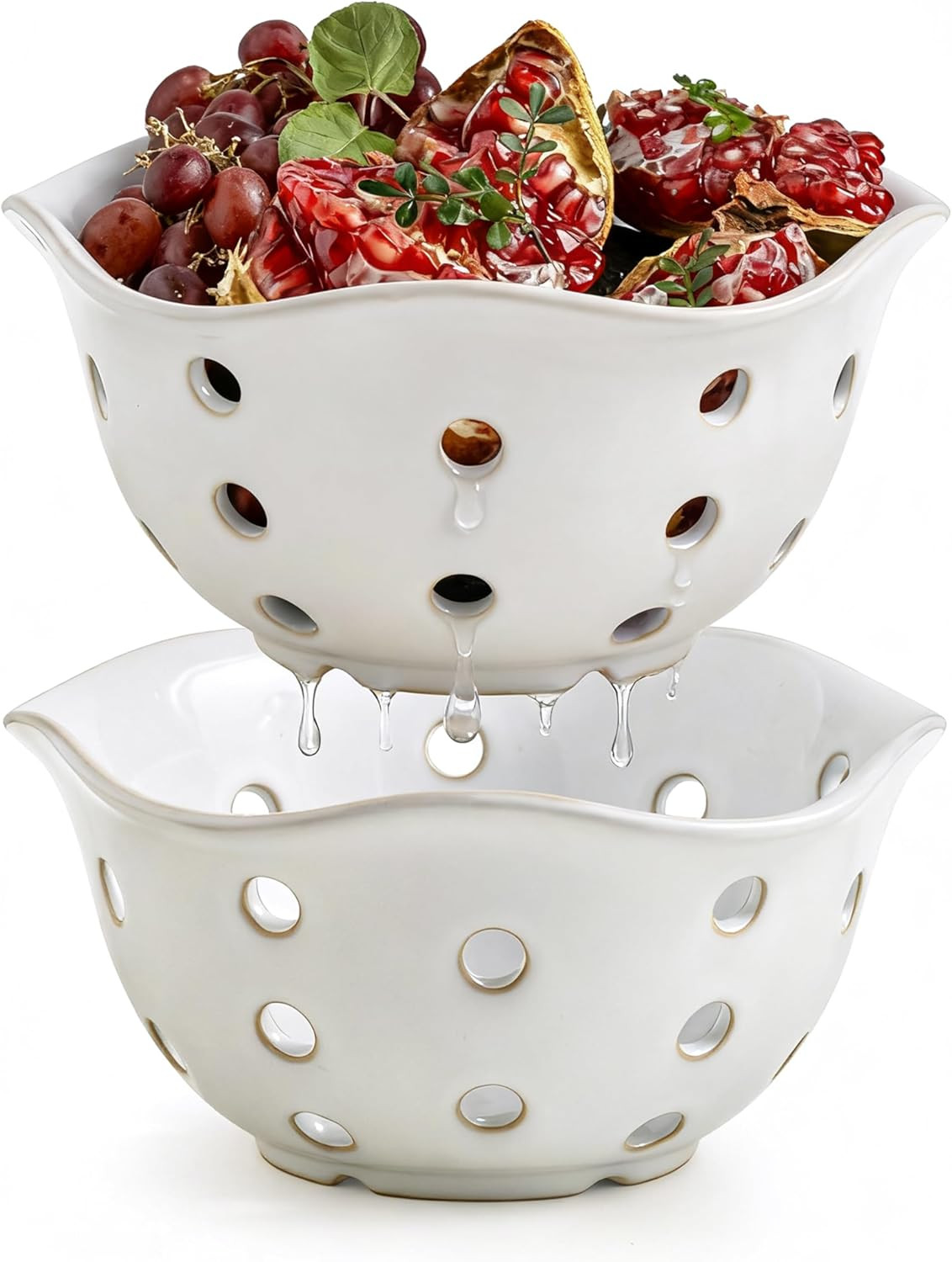 Fruit Basket Set of 2, Ceramic Fruit Bowl Berry Basket with Holes, 7.6 Inch Fruit Containers Cola... | Amazon (US)