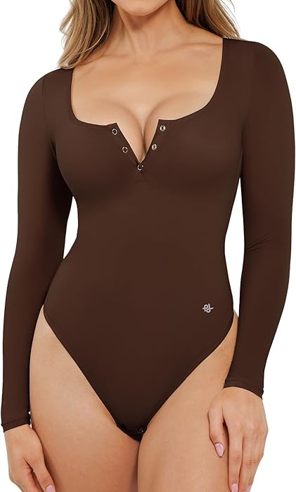 Popilush Long Sleeve Bodysuits for Women Tummy Control Shapewear Henley Going Out Shirts Button D... | Amazon (US)