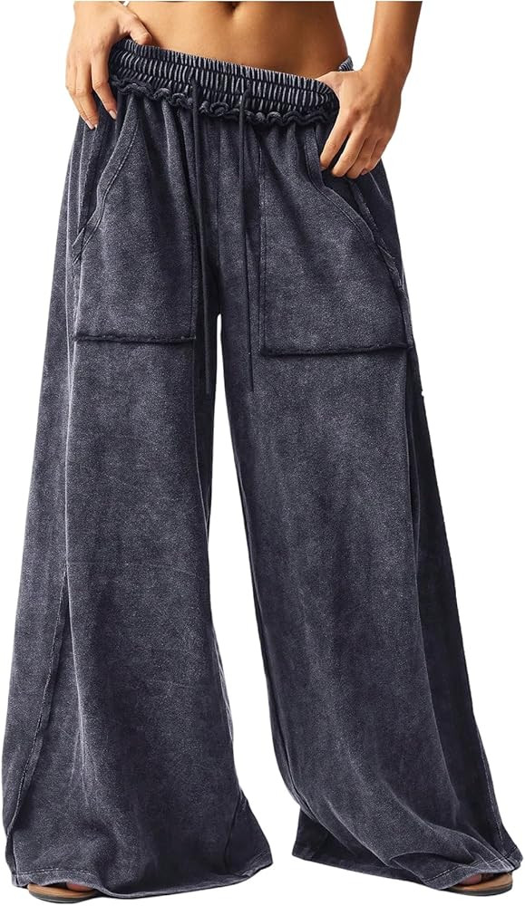 SOLY HUX Women's Wide Leg Baggy Sweatpants Acid Wash Drawstring Elastic Waist Palazzo Long Pants ... | Amazon (US)