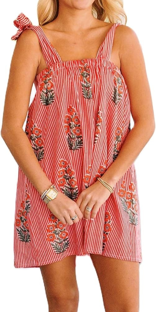 Women Floral Tie Shoulder Mini Dress Cute Square Neck Loose Fit Beach Short Dress Backless Boho V... | Amazon (US)
