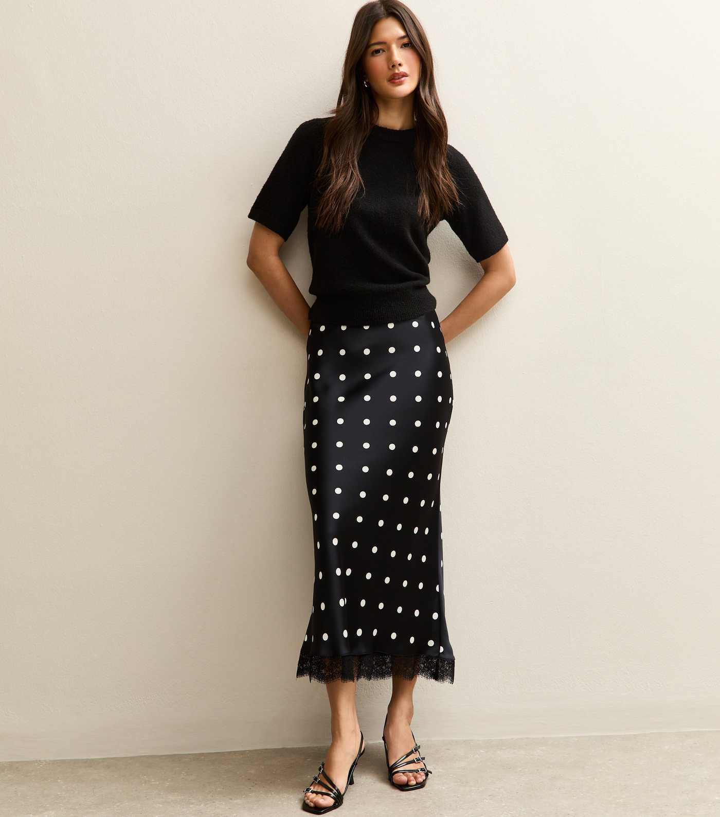 Black Satin Polka Dot Lace Trim Midi Skirt | New Look | New Look (UK)