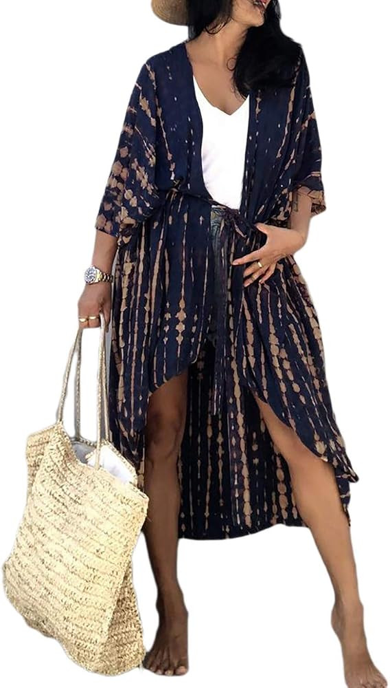Bsubseach Stylish Tie Dye Open Front Long Kimono Swimsuit Cover up for Women | Amazon (US)
