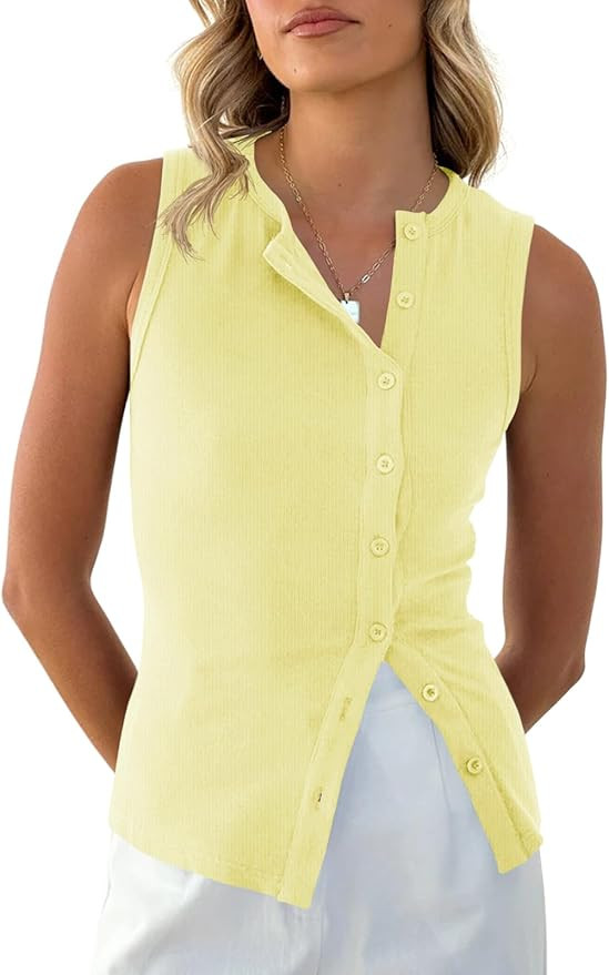 Cicy Bell Womens Button Down Tank Tops Summer Sleeveless Vest Tops Trendy Ribbed Fitted Going Out... | Amazon (US)