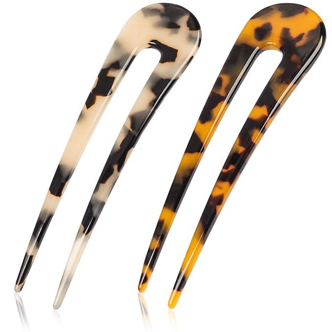 OIIKI 2 Pack Cellulose Acetate Tortoise Shell U Shaped Hair Pin, Hair Forks and Sticks for Long H... | Amazon (US)
