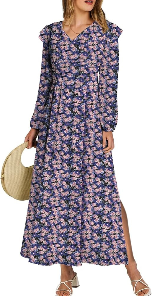 BLENCOT Womens Casual Ruffle Long Sleeve Floral Boho Dresses Crepe V Neck Tiered Lined Split Long... | Amazon (US)