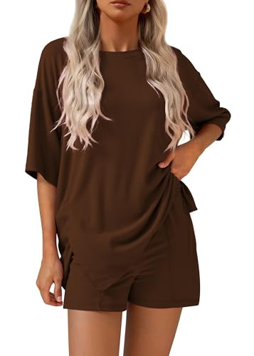 KIRUNDO 2 Piece Sets for Women Summer Lounge Sets Casual Oversized Tshirts Shorts Matching Airport Travel Outfit Postpartum(Light Coffee, Small) | Amazon (US)