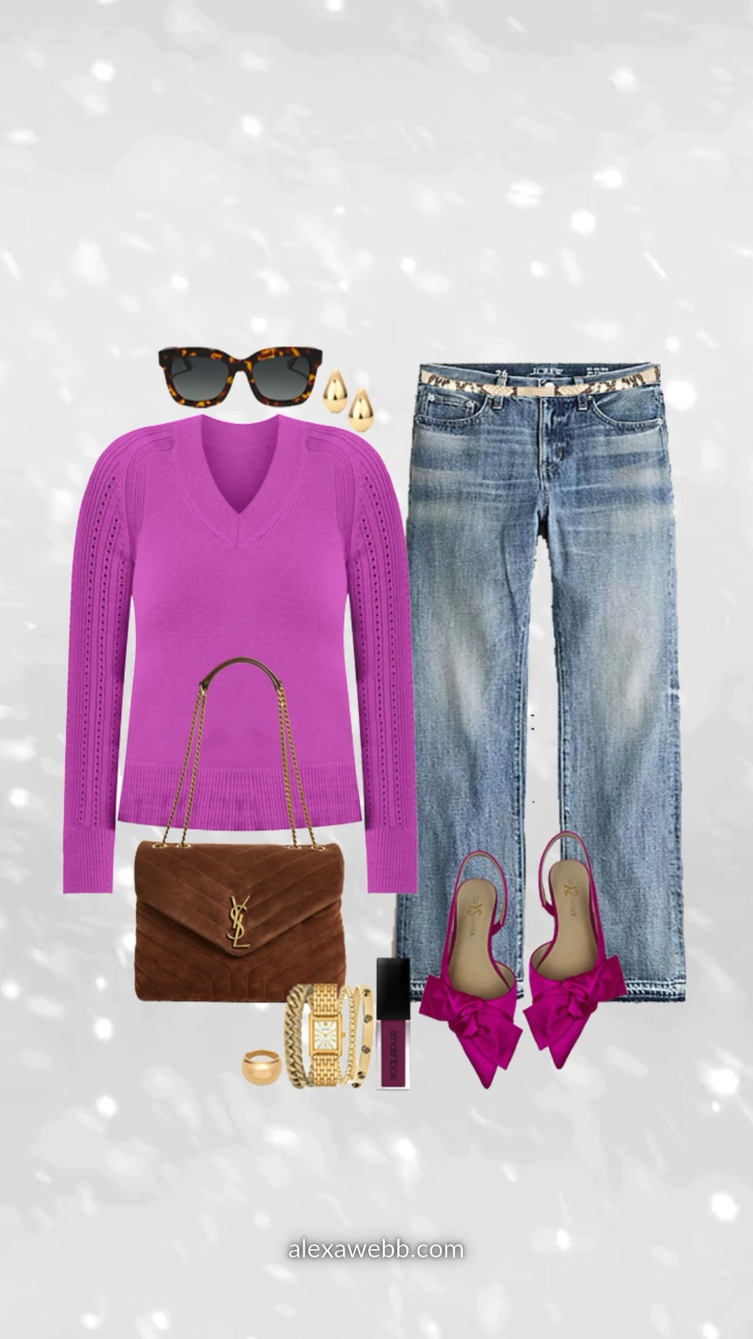 Plus Size Fuchsia Sweater Outfit - A plus size easy outfit idea for holidays and casual outings. A plus size fuchsia sweater is paired with straight leg jeans, snake belt, purple bow slingback flats, and a brown suede Saint Laurent shoulder bag. Alexa Webb #plussize

#LTKHoliday #LTKPlusSize #LTKOver40