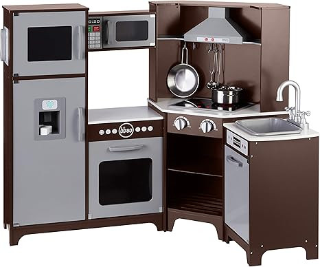 Amazon Basics Kids Corner Wooden Kitchen Playset with Interactive Doors, Knobs, and Lights, Gift ... | Amazon (US)