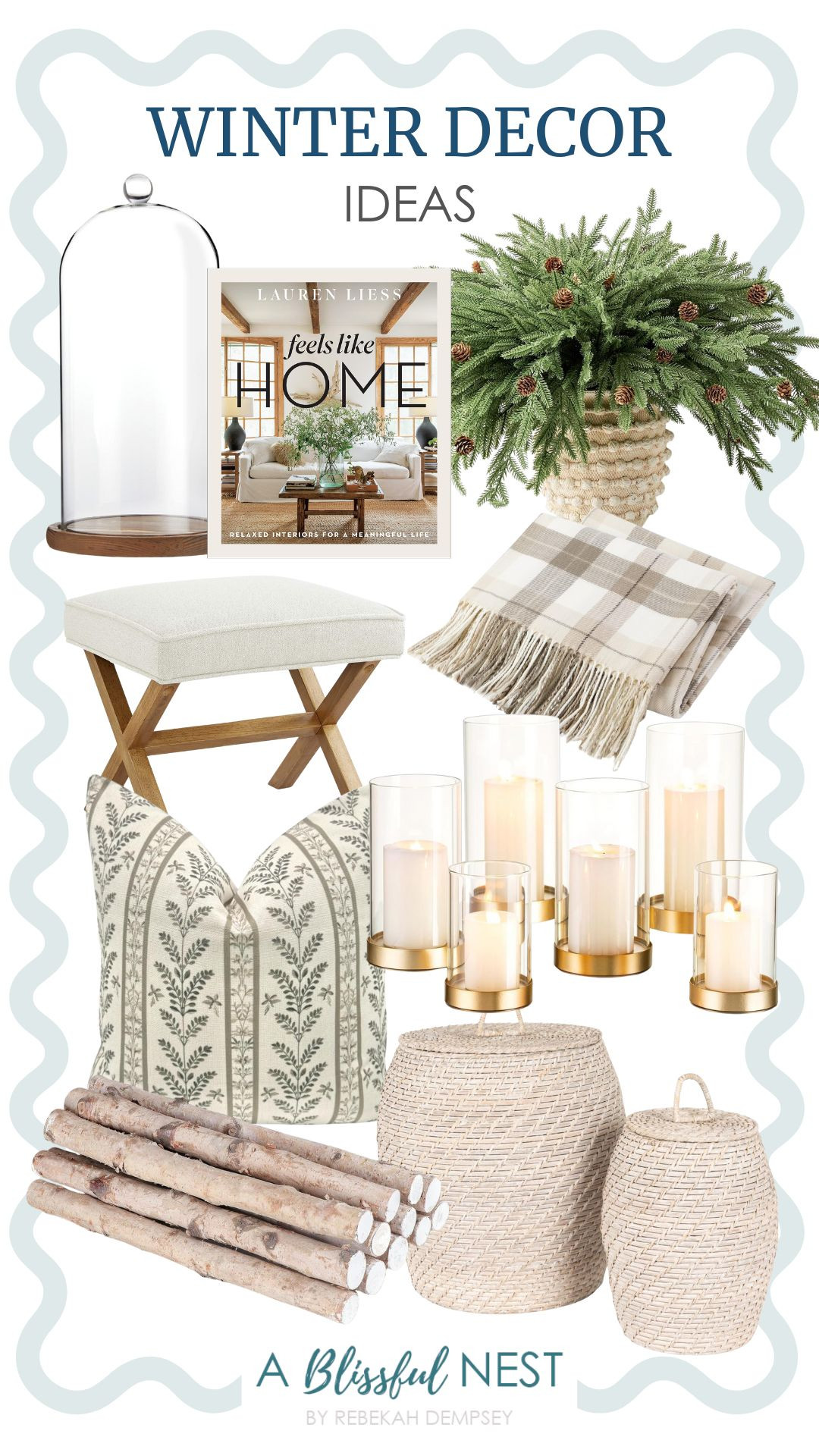 Create a warm winter welcome. Shop these decor pieces today.
birch logs, plaid throw blanket, artificial Norfolk pine stems, ivory decorative pillow, ottoman foot rest, decorative book, glass dome cloche, hurricane candle holder, whitewashed rattan baskets  

 #LTKSeasonal #LTKHome #LTKFindsUnder100