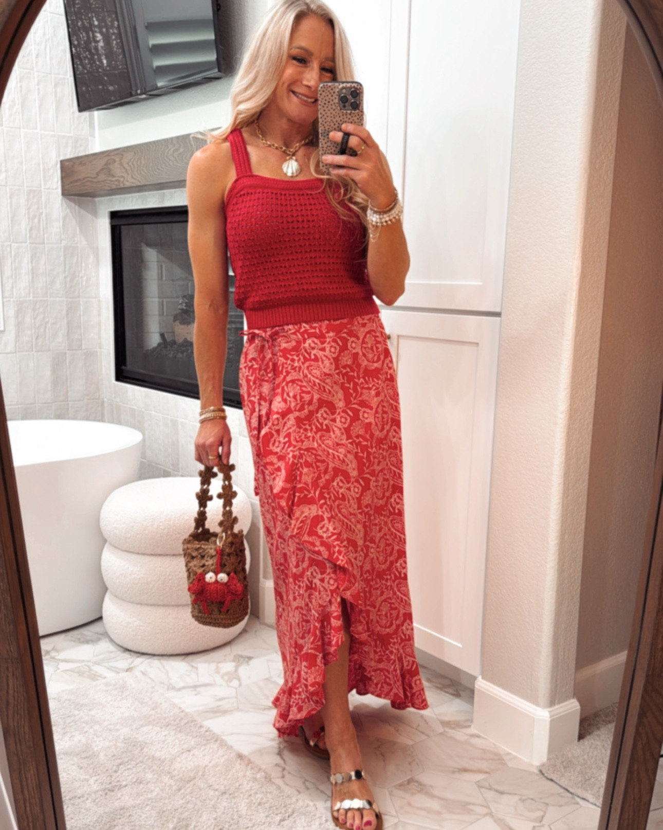 🌊🦀Vacation vibes all the way! Perfect for summer events like bridal showers, baby showers, party outfit, brunch outfit, ruffle side slit skirt, crocheted top, red crochet tank top, red Paisley skirt, and lobster charm, straw, lobster, purse, charm, gold shell necklace. Target finds. Target 

#LTKFindsUnder100 #LTKSummerEdit #LTKFindsUnder50