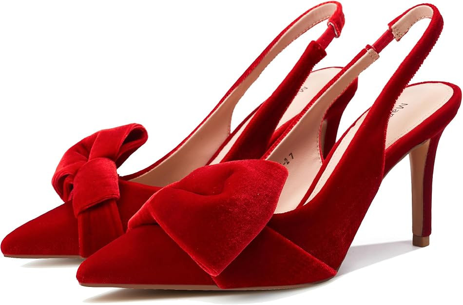 Women's Slingback Heels with Bow Pointed Toe Pumps with Elasticated Strap 3.3" High Heels for Eve... | Amazon (US)