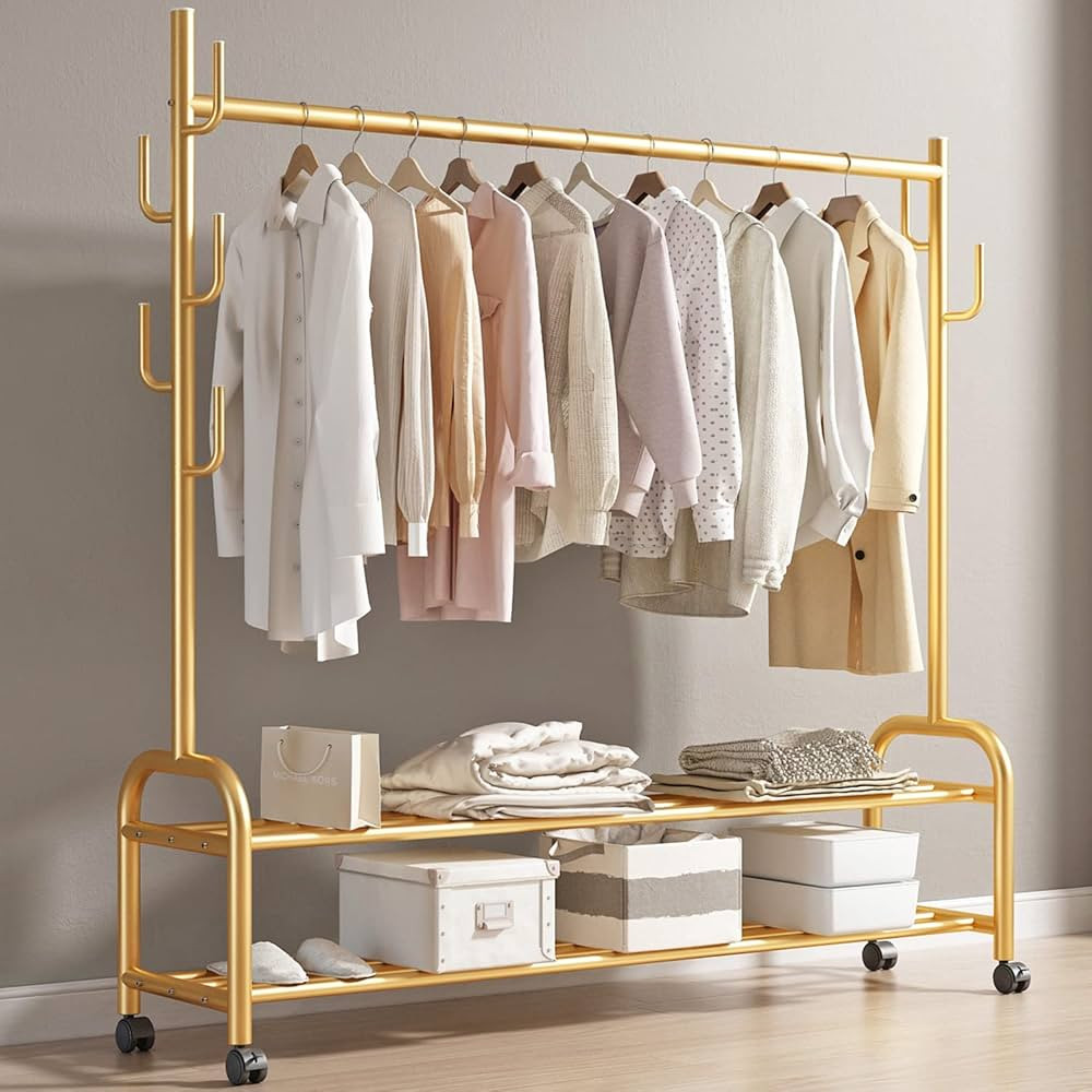 GAMNOF Gold Clothes Rack with Wheels Gold Garment Rack with Storage Shelf Freestanding Gold Cloth... | Amazon (US)