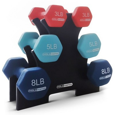 HolaHatha 3, 5, and 8 Pound Dumbbell Hand Weight Set with Storage Rack, Multi | Target