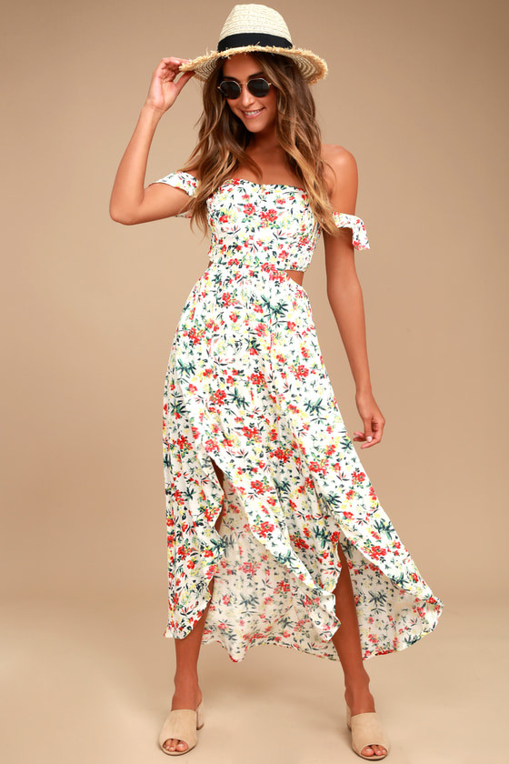 Easy on the Eyes Cream Floral Print Off-the-Shoulder Maxi Dress | Lulus