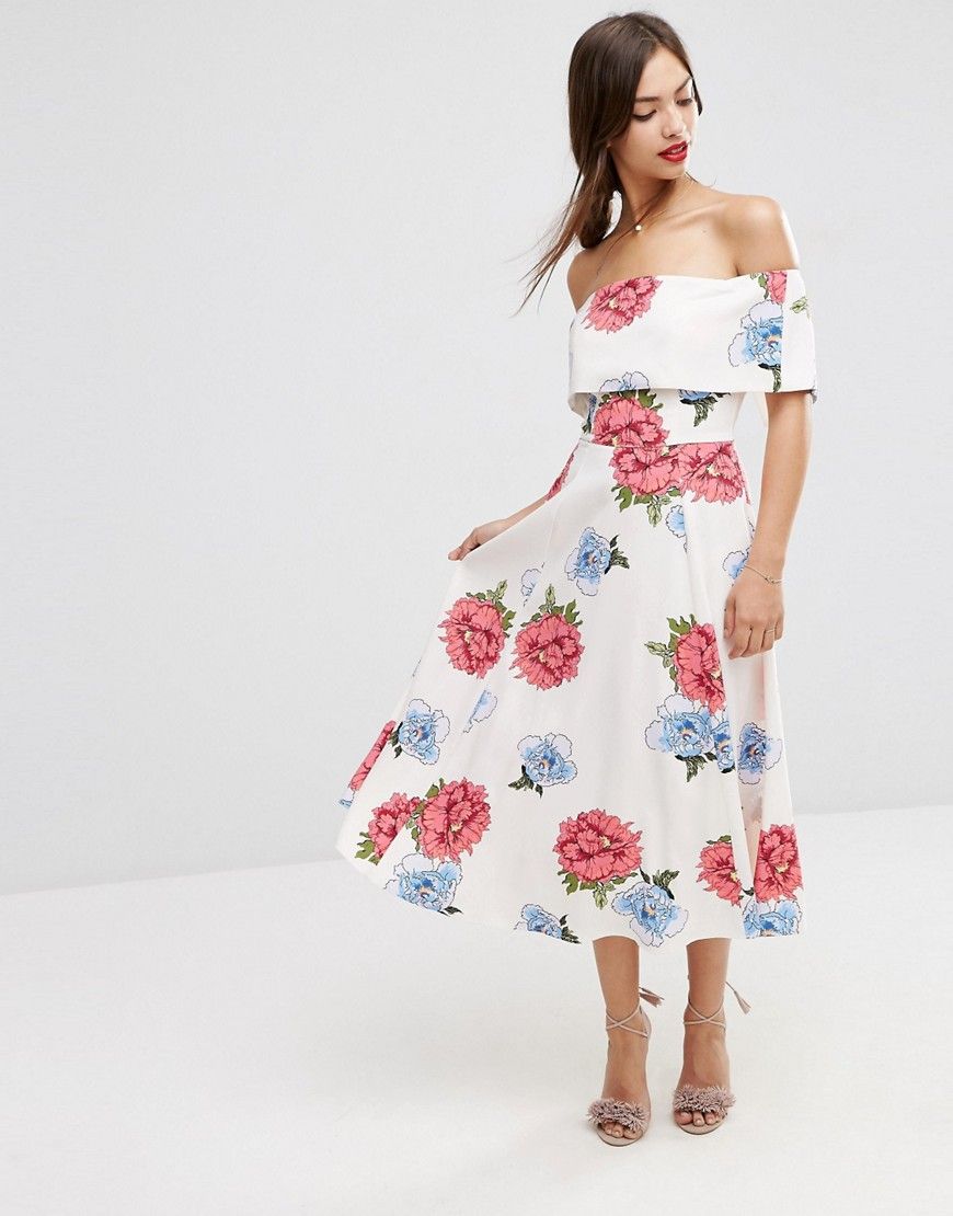 ASOS Soft Off The Shoulder Bardot Midi Prom Dress In Oversized Florals - Multi | ASOS US