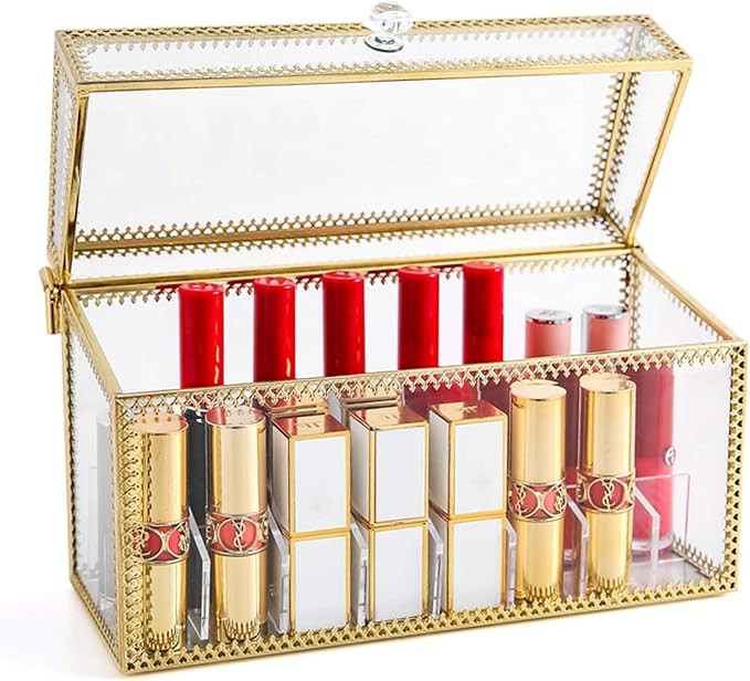PuTwo Lipstick Organizer 24 Slots Handmade Glass and Brass Lipstick Holder with Lid Lip Dustproof... | Amazon (US)