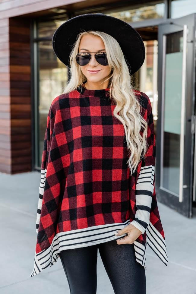 Southern Nights Plaid Red/Black Poncho | The Pink Lily Boutique