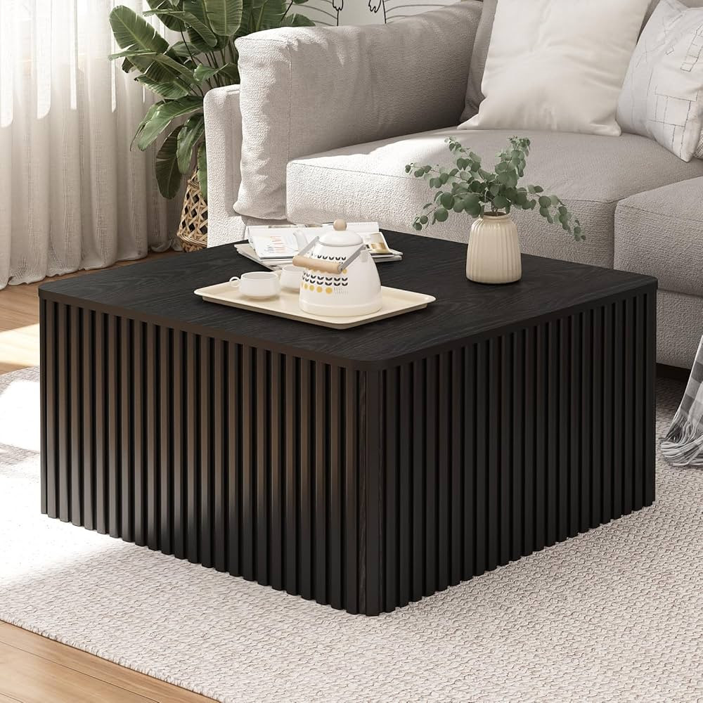 Fluted Square Coffee Table with Storage Large Wood Center Table with Solid Wood Veneer Top Mid Ce... | Amazon (US)