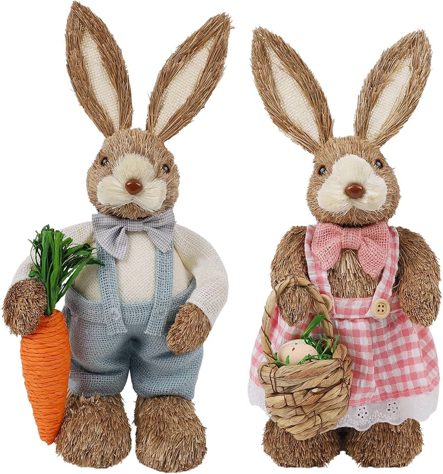 DR.DUDU Set of 2 Easter Decorations Bunny, 14" Straw Bunny Figurine Tabletop Decor, Bunny Couple ... | Amazon (US)