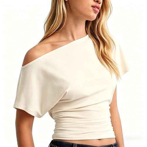 Zoziiee Womens Cinched Waist Wrap Tops Summer Short Sleeve Ruched Slim Basic Tee Shirts Casual Trendy Boat Neck Blouse(Light-Khaki,S) | Amazon (US)