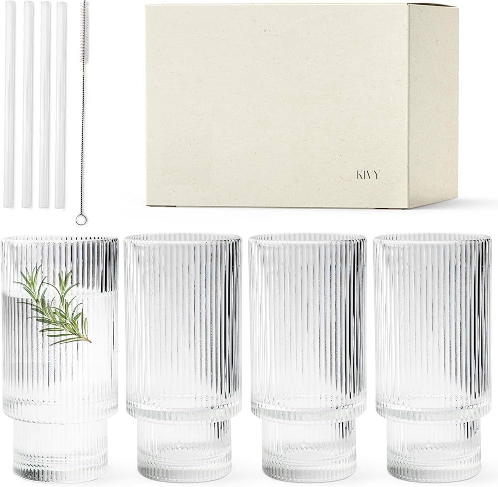 KIVY Ribbed glassware set of 4 with straws - Stackable glasses set - Ribbed glassware - Ribbed gl... | Amazon (US)