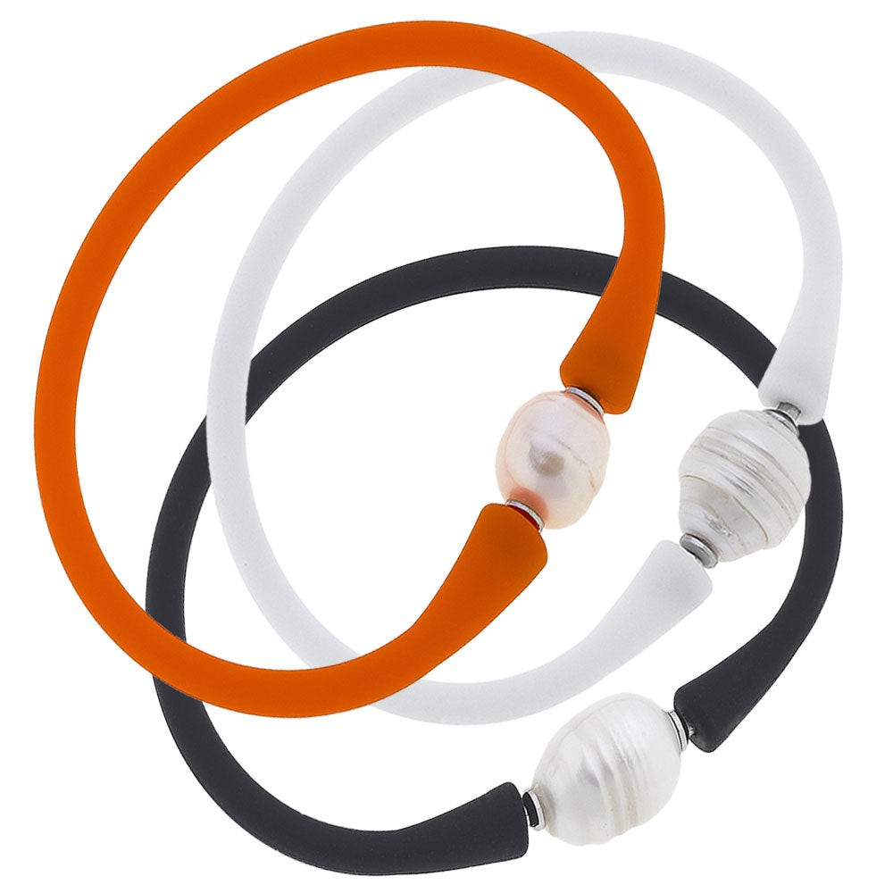 Bali Freshwater Pearl Silicone Bracelet Stack of 3 in Orange, White & Black | CANVAS