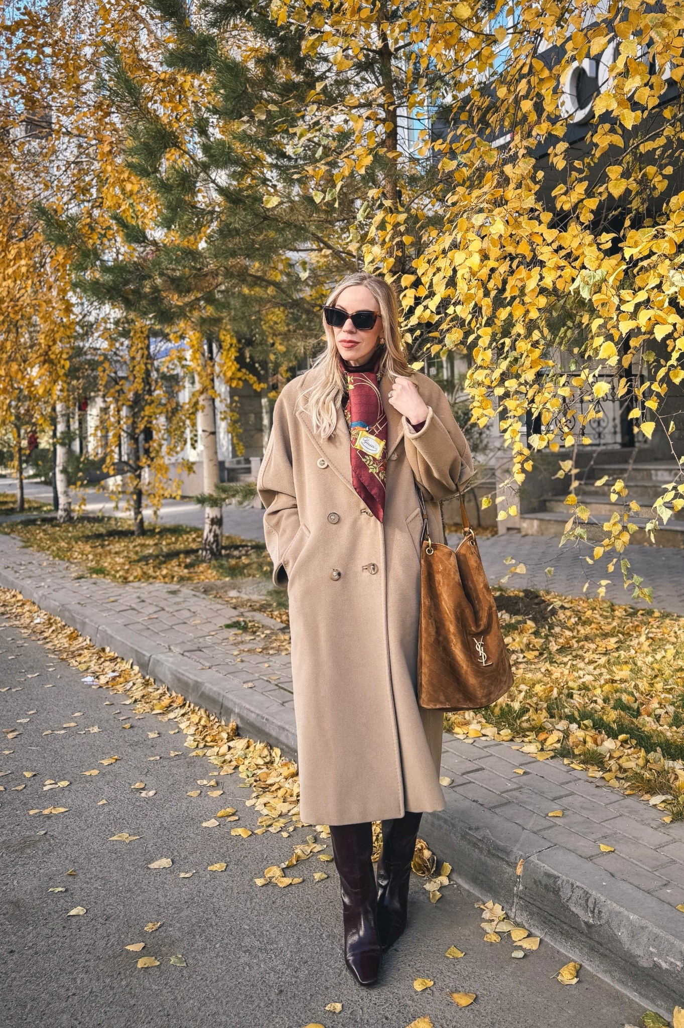 Camel coat outfit, Max Mara camel coat, Gucci silk scarf, burgundy and brown, burgundy boots, Saint Laurent suede bucket bag

#LTKOver40 #LTKSaleAlert #LTKSeasonal