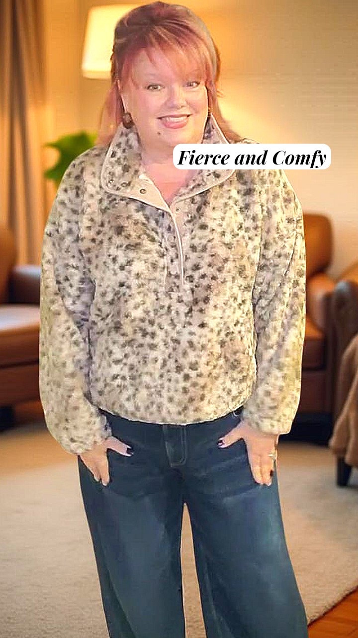 Wearing leopard print fleece is basically like wearing a fashionable blanket in public. Who says you can't be fierce *and* cozy at the same time? 💖
Wide leg denim keeps the look balanced and still comfy. 
👇🏼Click through below to check out deals!

I’m 5’9” tall, usually wear 2X on top, XL-18 bottoms. I’m wearing XL top here, for an extra comfy fit go up one size. Pants are 1X, go down one size. 

#ltktall #ltkpetite #ltkmidsize #ltkfindsunder100 #ltksalealert #ltkworkwear aerie American Eagle Halara Lane Bryant Maurices oh snap 

#LTKPlusSize #LTKFindsUnder50 #LTKootd