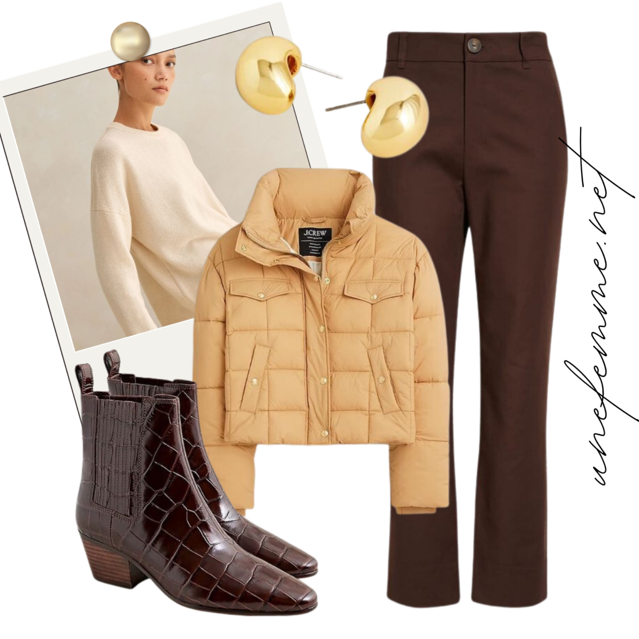 A casual fall look featuring reader favorites: merino-cashmere sweater, brown slim trousers, croc-effect ankle boots, camel cropped puffer jacket  

#LTKSeasonal #LTKover40 #LTKstyletip