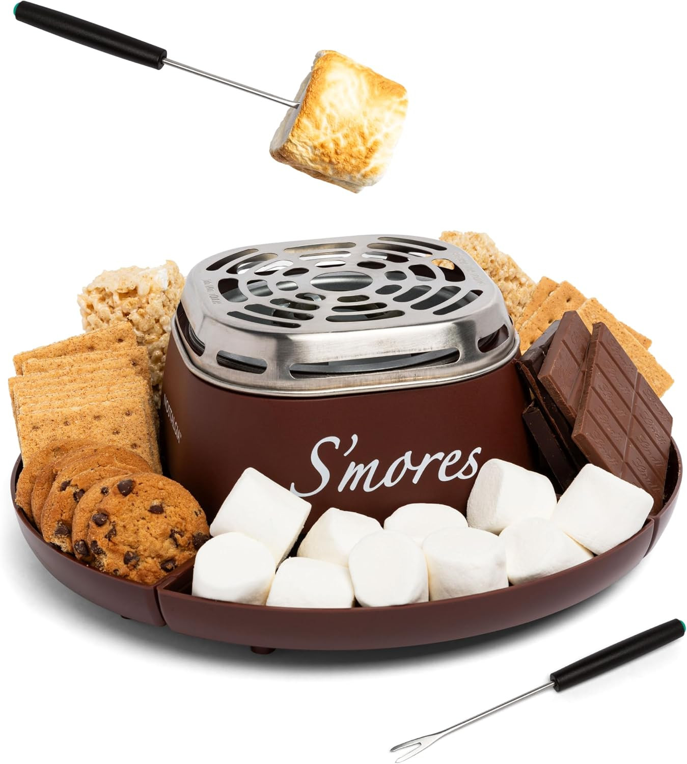 Nostalgia Tabletop Indoor Electric S'mores Maker - Smores Kit With Marshmallow Roasting Sticks and 4 Trays for Graham Crackers, Chocolate, and Marshmallows - Movie Night Supplies - Brown | Amazon (US)