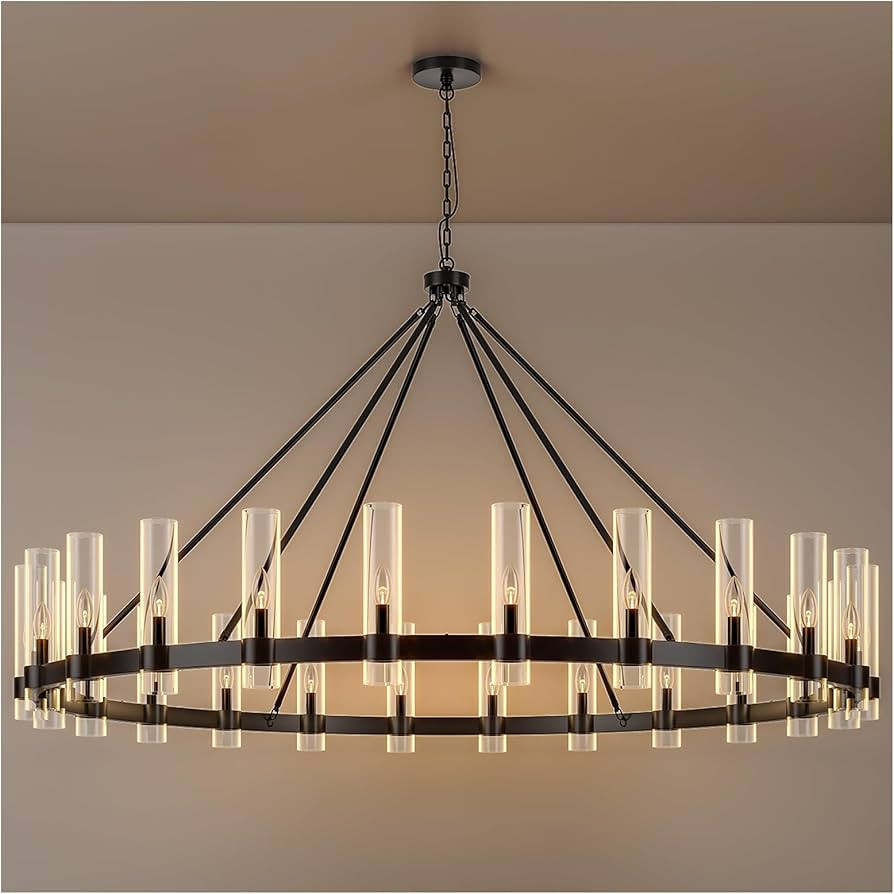 AEULYTIR 70 Inch Black Wagon Wheel Chandelier with Glass Shade, 24 Lights, Modern Farmhouse Style... | Amazon (US)