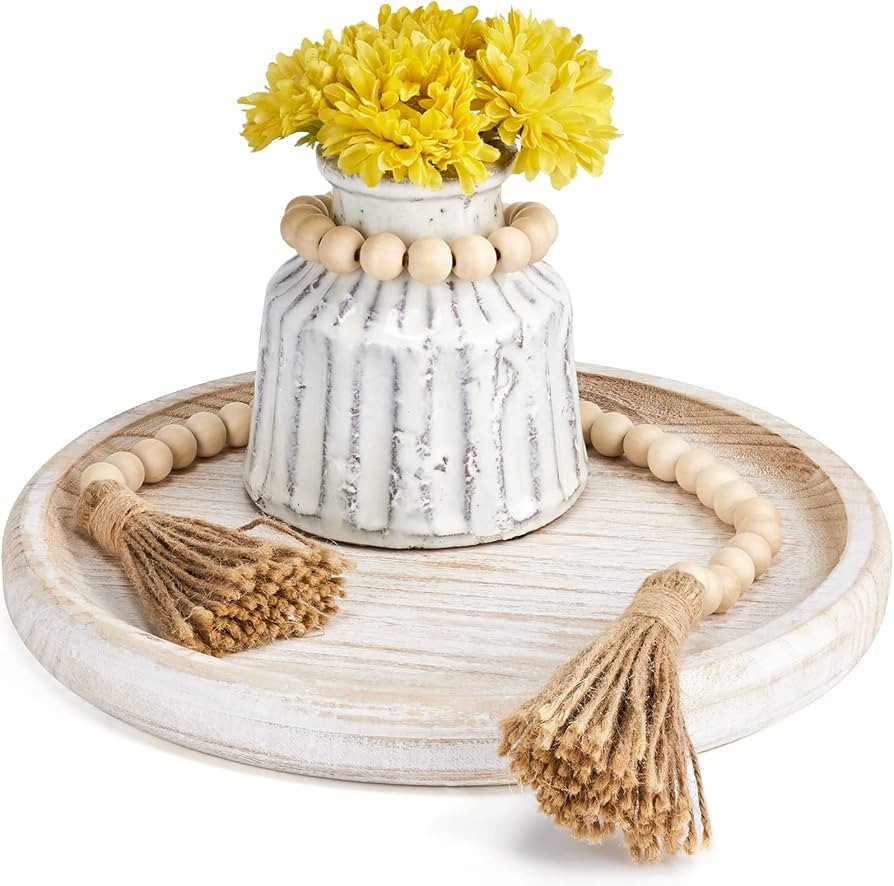 Yangbaga 11.8In Wooden Christmas Decorative Serving Tray Coffee Table Tray, Rustic Round- Centerp... | Amazon (US)