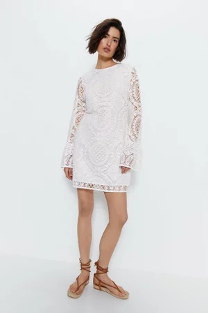 Lace Flute Sleeve Mini Dress | Warehouse UK & IE