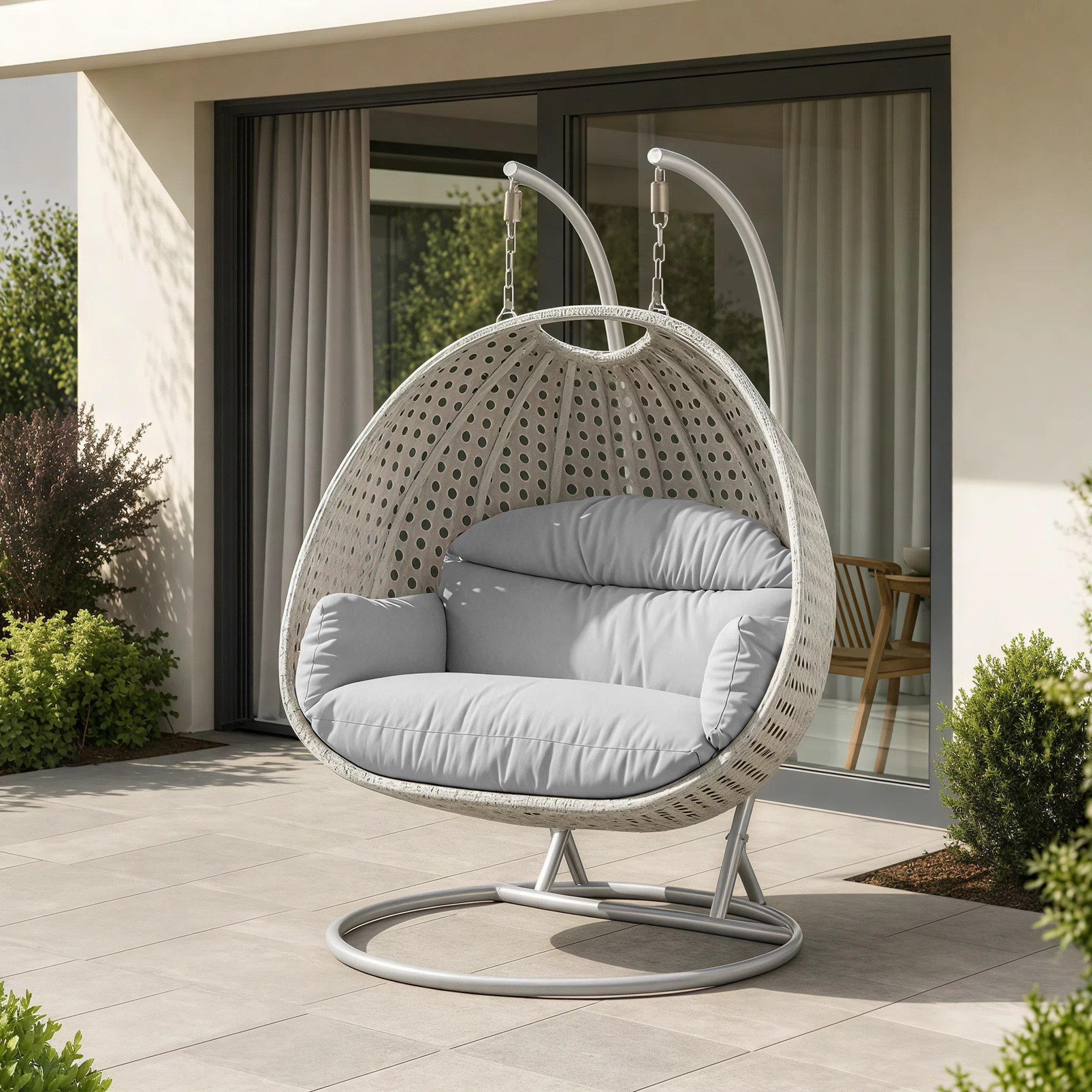 Mendoza 2-Person Wicker Outdoor Egg Chair with Stand & Cushions – UV-Resistant Double Hanging S... | Wayfair North America