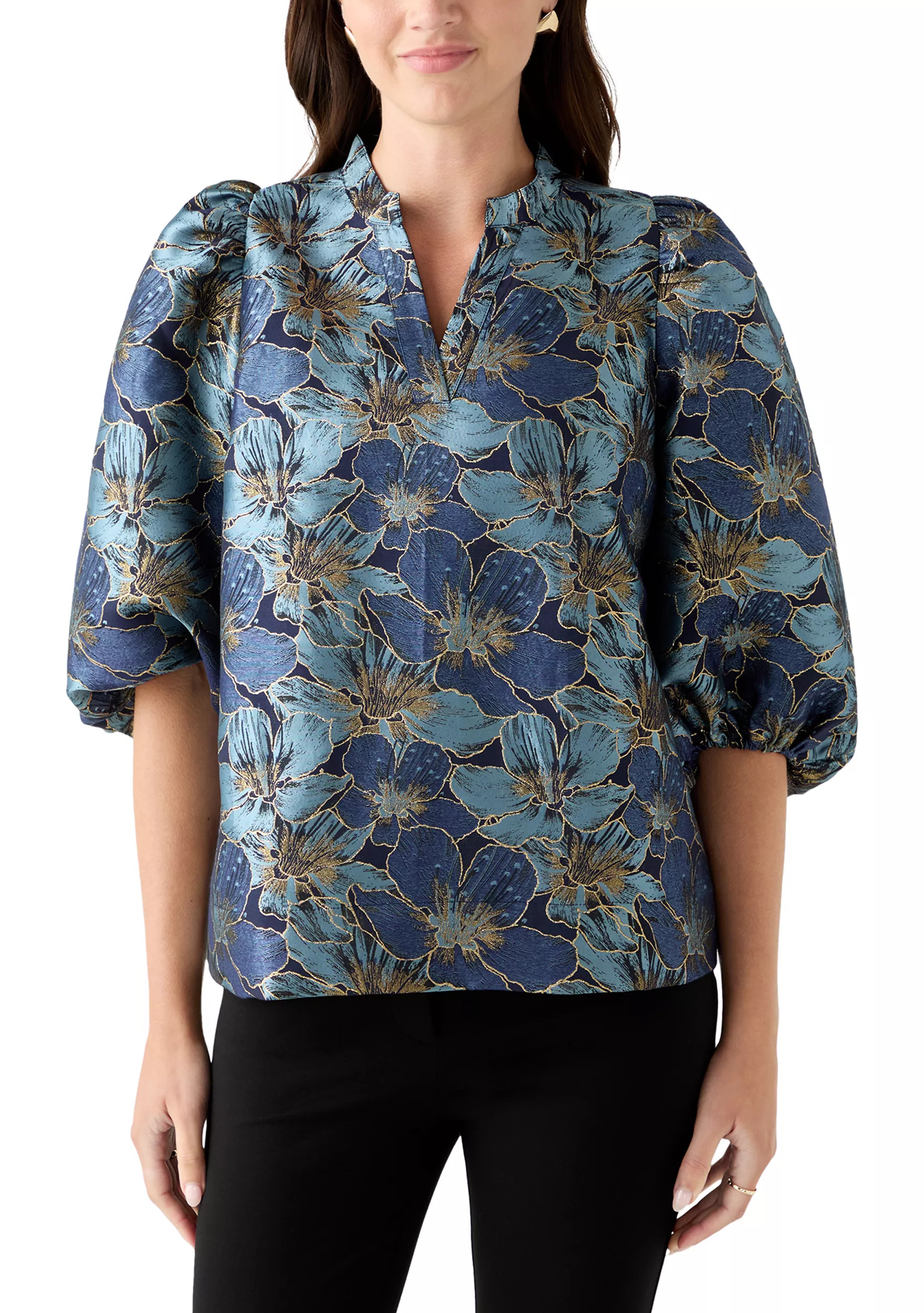 Women's 3/4 Puff Sleeve Split Neck Jacquard Top | Belk