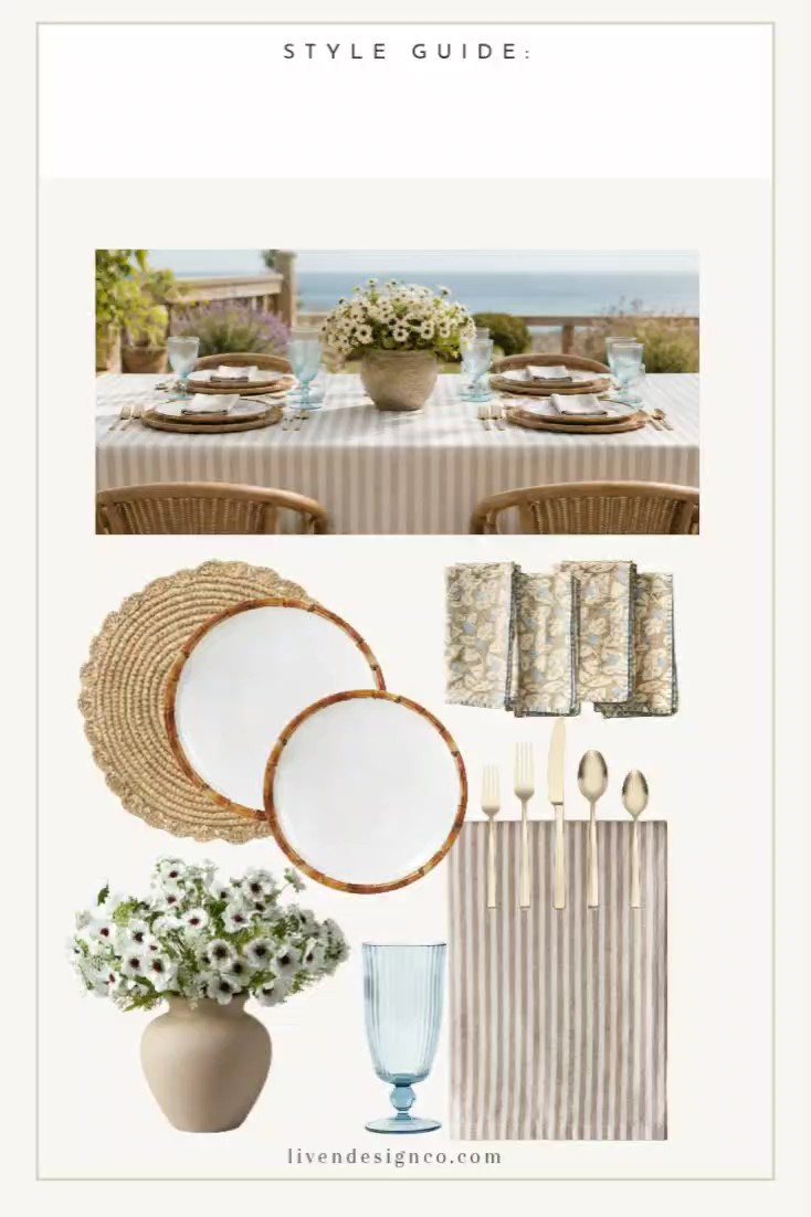Summer outdoor dining. Table setting. Tablescape. Style guide. Melamine bamboo plates. Floral napkins. Neutral table. Home decor. Woven placemats. Flatware. Planter. Poppy stems. Floral arrangement. Acrylic glassware. Drinkware. Outdoor drinkware. Striped tablecloth. 

#LTKSaleAlert #LTKSeasonal #LTKHome