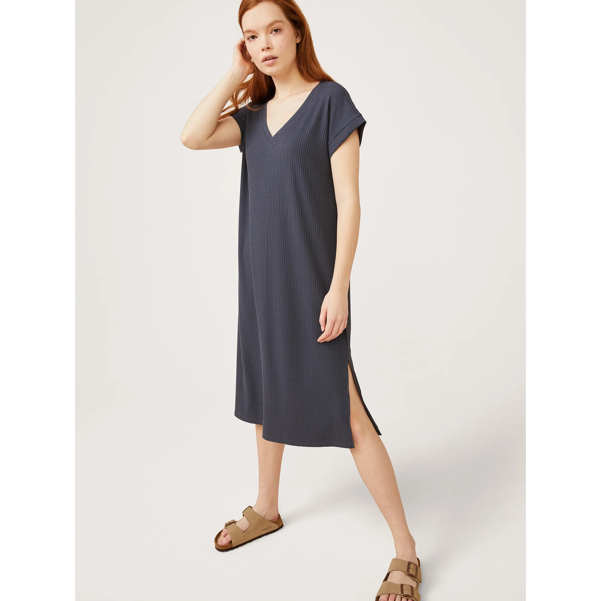 Free Assembly Women’s V-Neck Midi Dress with Cap Sleeves | Walmart (US)