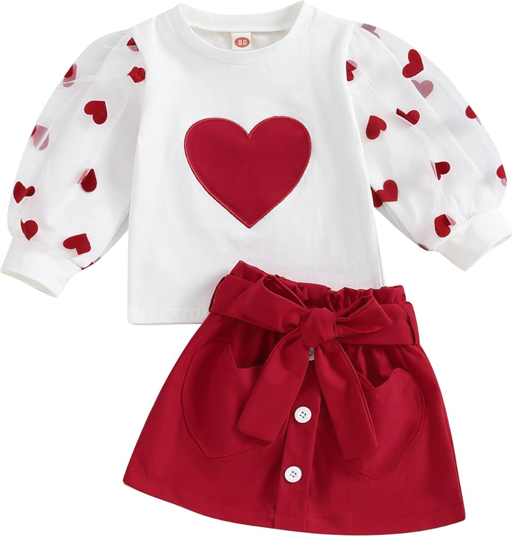 Kids Toddler Baby Girl Valentine's Day Outfits Lace Long Sleeve Shirts Heart Sweatshirt with Red ... | Amazon (US)