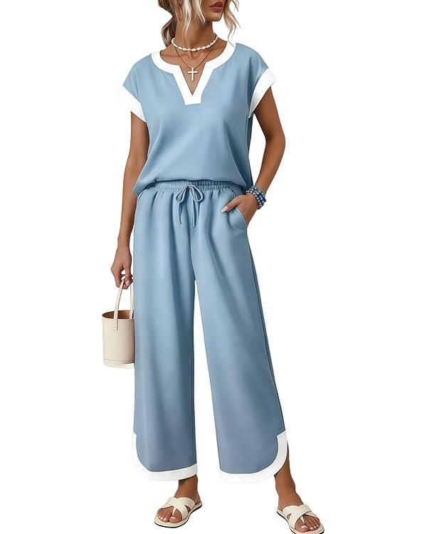 Women's 2 Piece Sets Boho Color Block Cap Sleeve Blouse Shirt Capri Wide Leg Pants Sets Lounge Be... | Amazon (US)