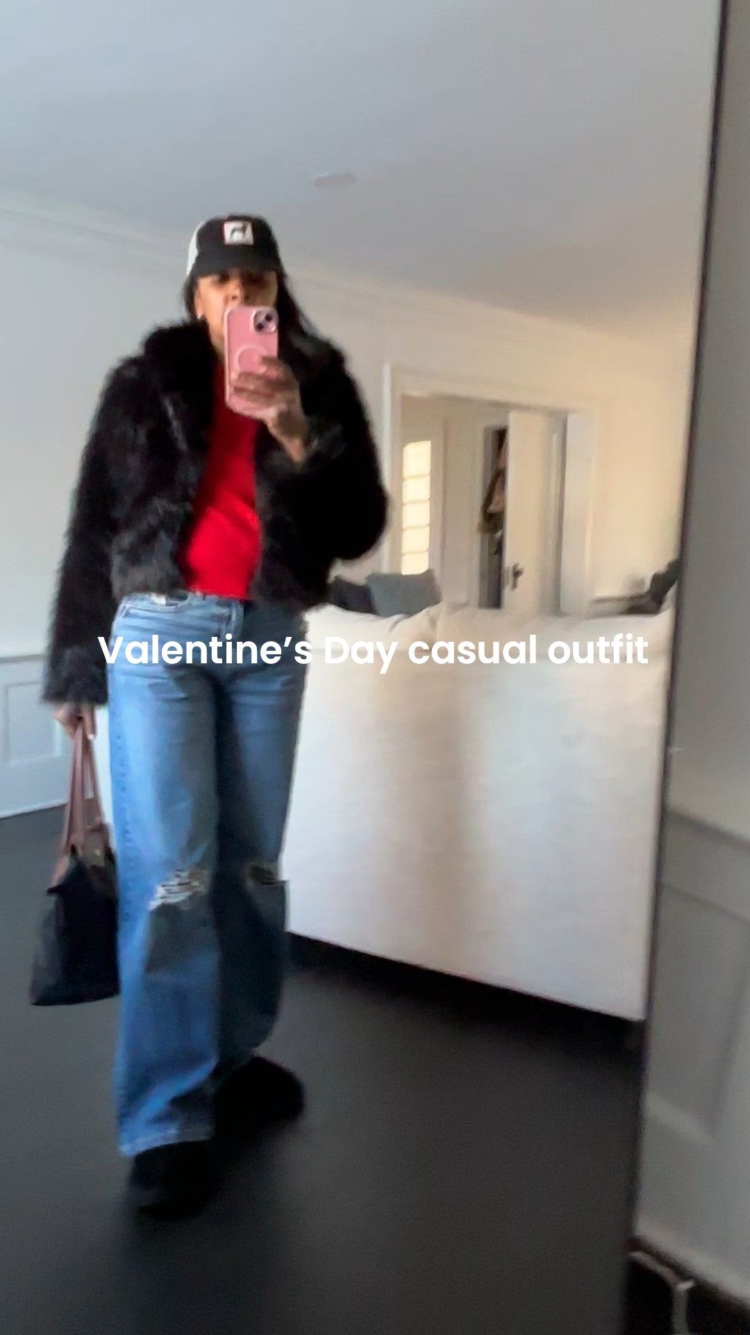 Valentine’s Day casual outfit faux fur denim jeans red sweater #style #valentine #outfit #fashion #nyc 

#LTKgrwm #LTKootd #LTKOver40