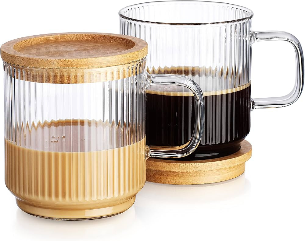 Glaver's Premium Iridescent Glass Coffee Mug, Fluted Design With Bamboo Lid For All Your Espresso... | Amazon (US)