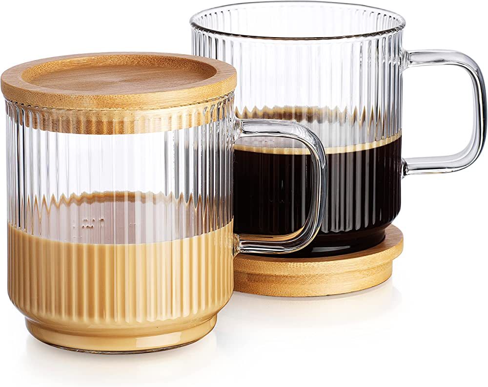 Glaver's Premium Iridescent Glass Coffee Mug, Fluted Design With Bamboo Lid For All Your Espresso... | Amazon (US)